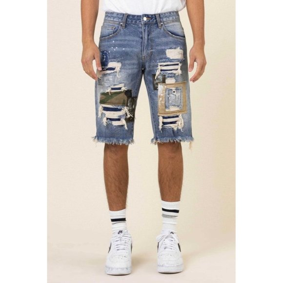 FIRST ROW CASUAL PANTS SHORT SUMER CAMO&TWILL PATCHED RIP&REPAIRED DENIM SHORTS - Picture 9 of 10